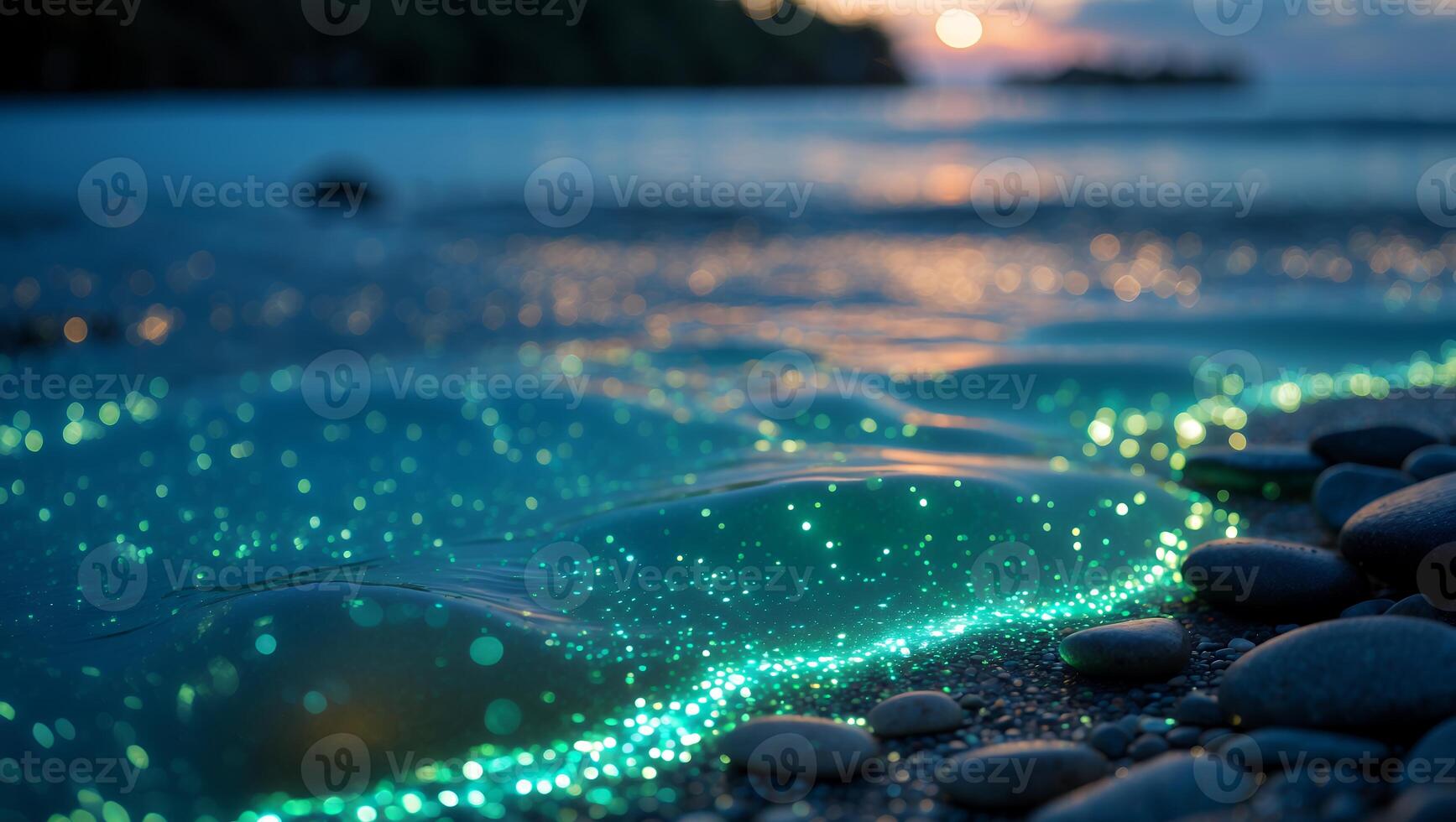 Glowing Bioluminescent Waves Washing Up on a Pebble Beach at Dusk photo