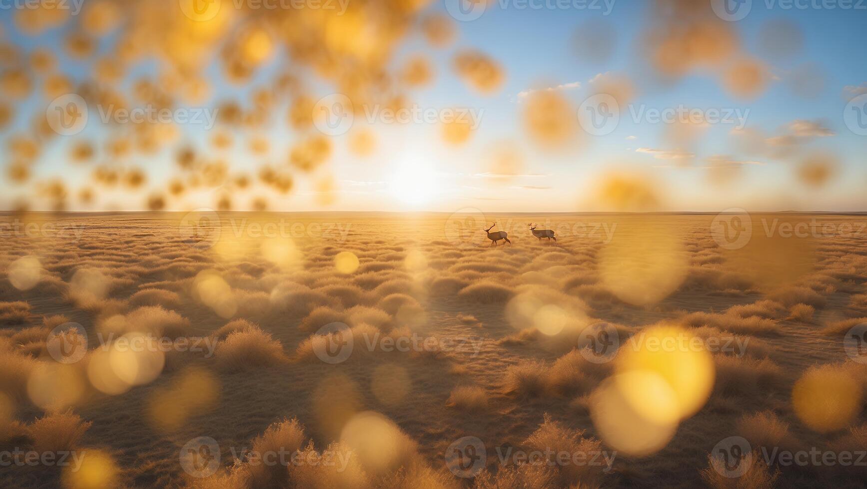 Deer Running on Open Grassland During Sunset with Bokeh Effects photo