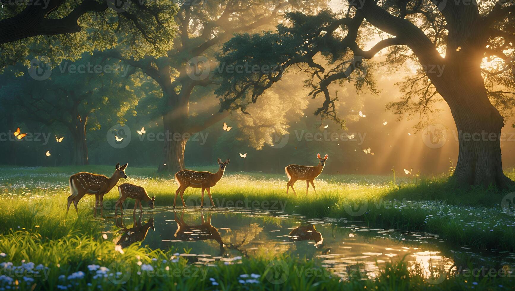 Deer Family Drinking at Forest Pond with Sunlight and Butterflies photo