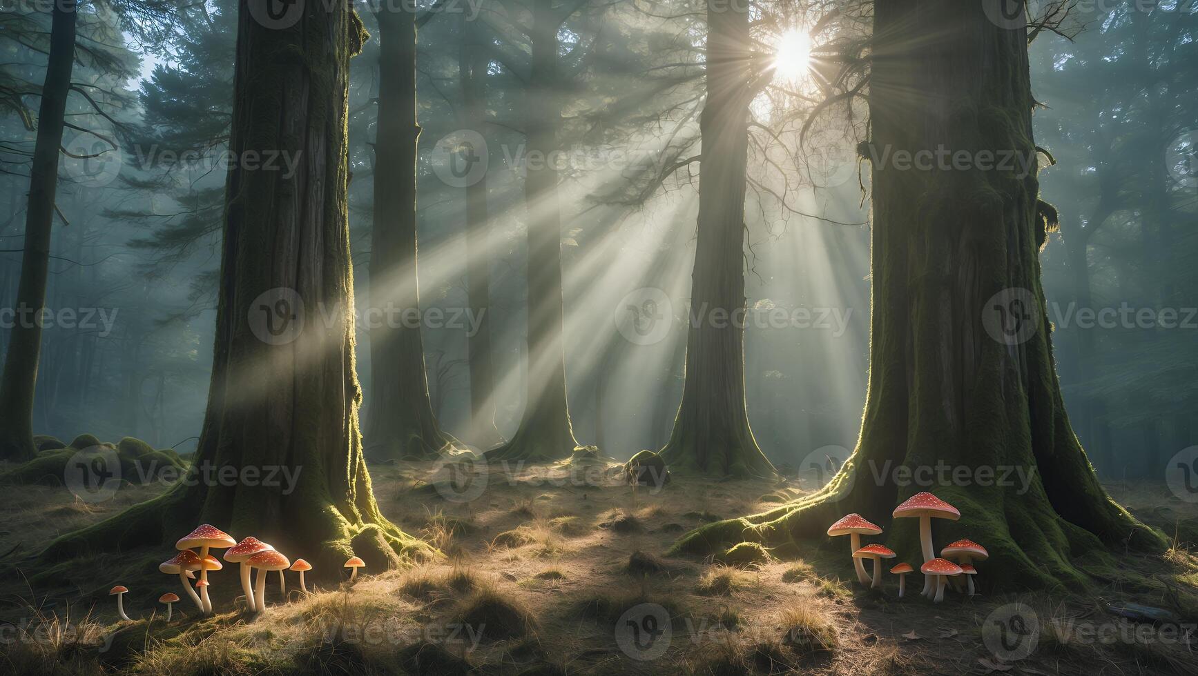 Exploring the Forest with Sunlight and Fungi in a Tranquil Scene photo