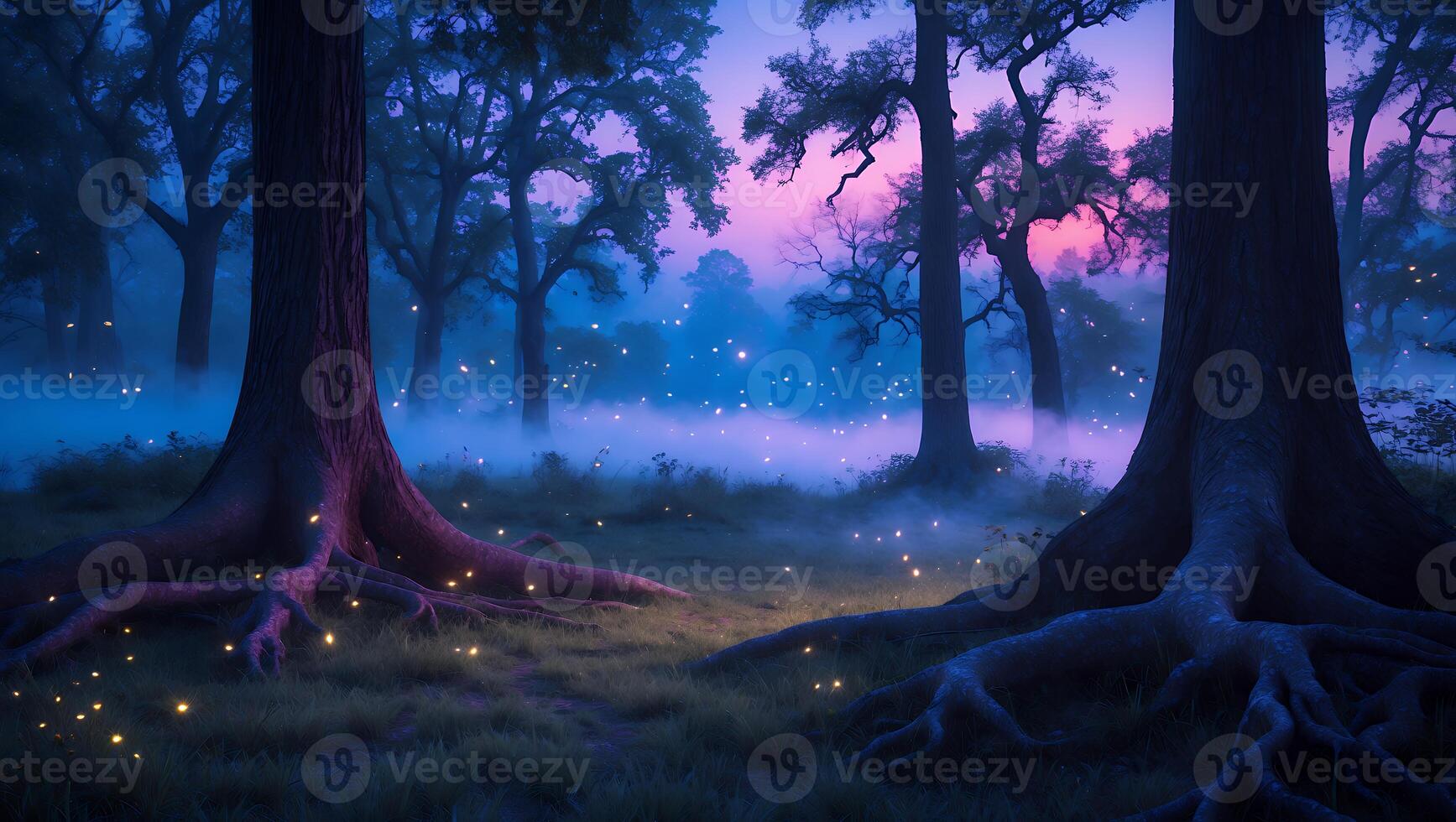 Mystical Forest with Glowing Lights at Dusk Creating Ethereal Atmosphere photo