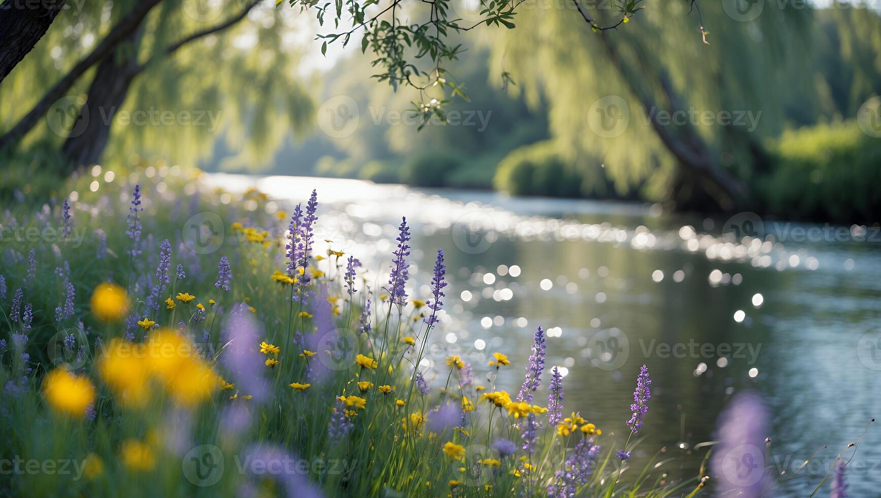 River Flowing Through Meadow with Colorful Wildflowers and Lush Trees photo