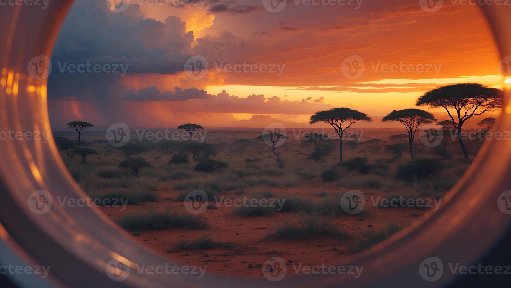 African Landscape Through Porthole with Trees and Dramatic Sunset photo