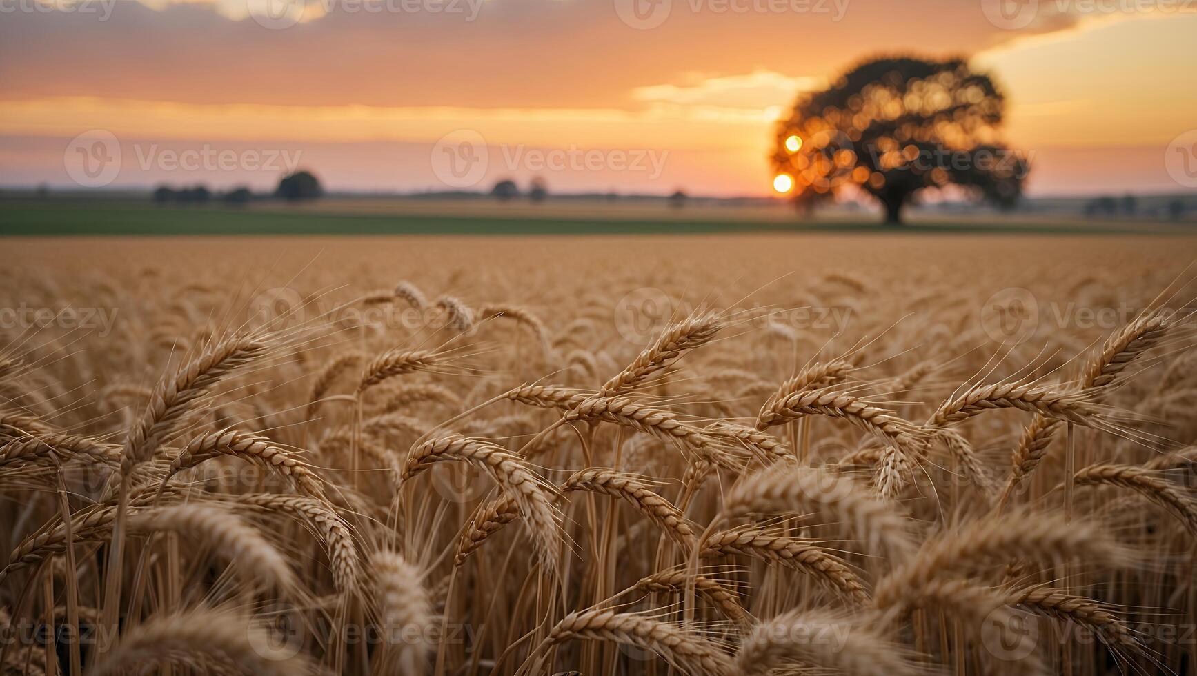 Wheat Field at Sunset with Golden Light Filtering Through Distant Tree photo