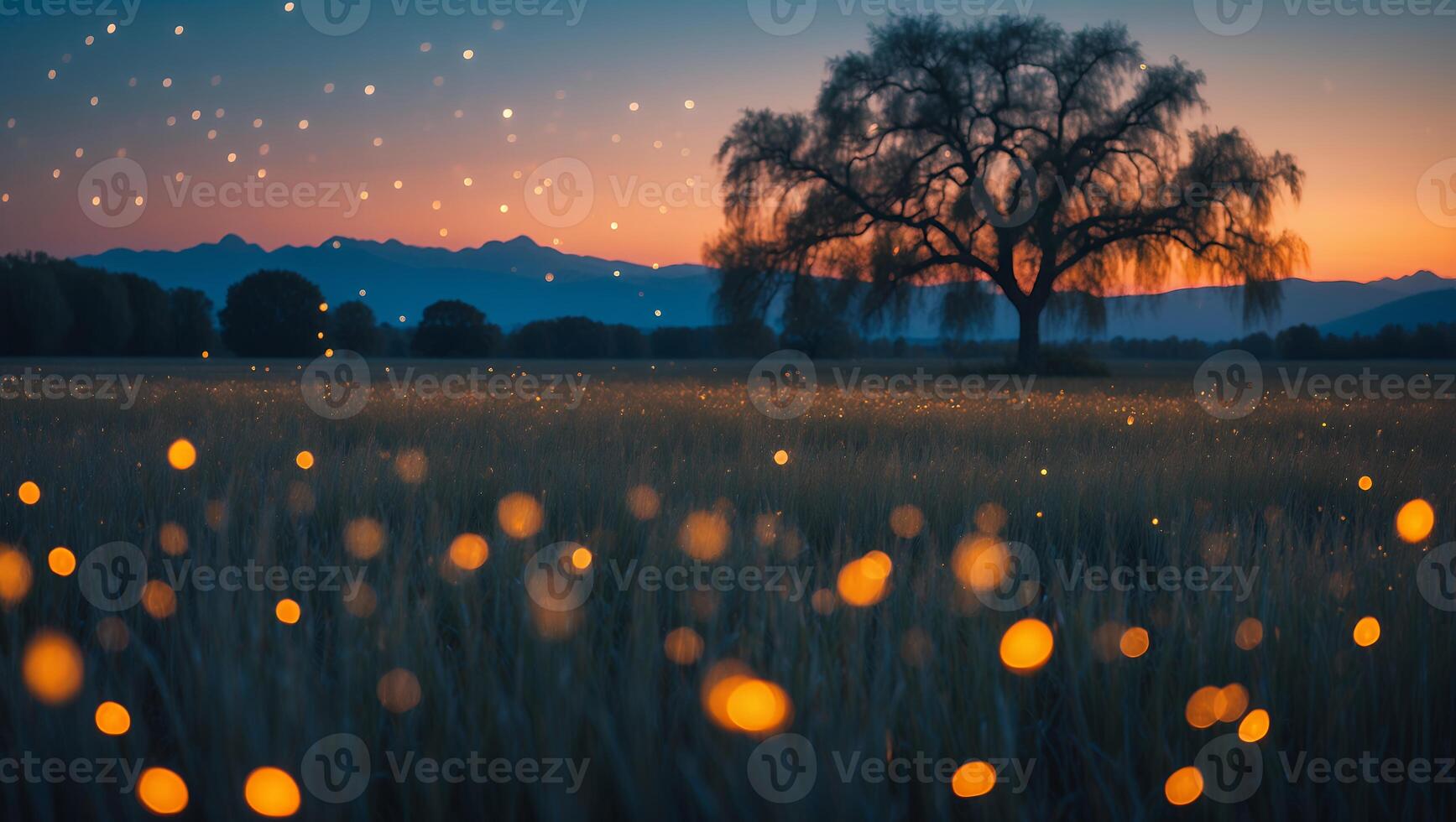 Lonely Tree Silhouette on Meadow at Dusk with Golden Light photo