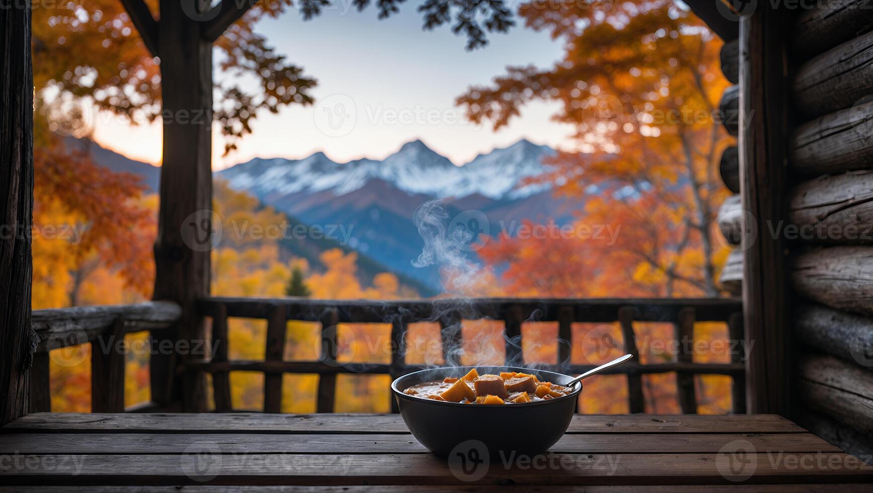 Hot Meal Overlooking Mountain View in Autumn Log Cabin photo