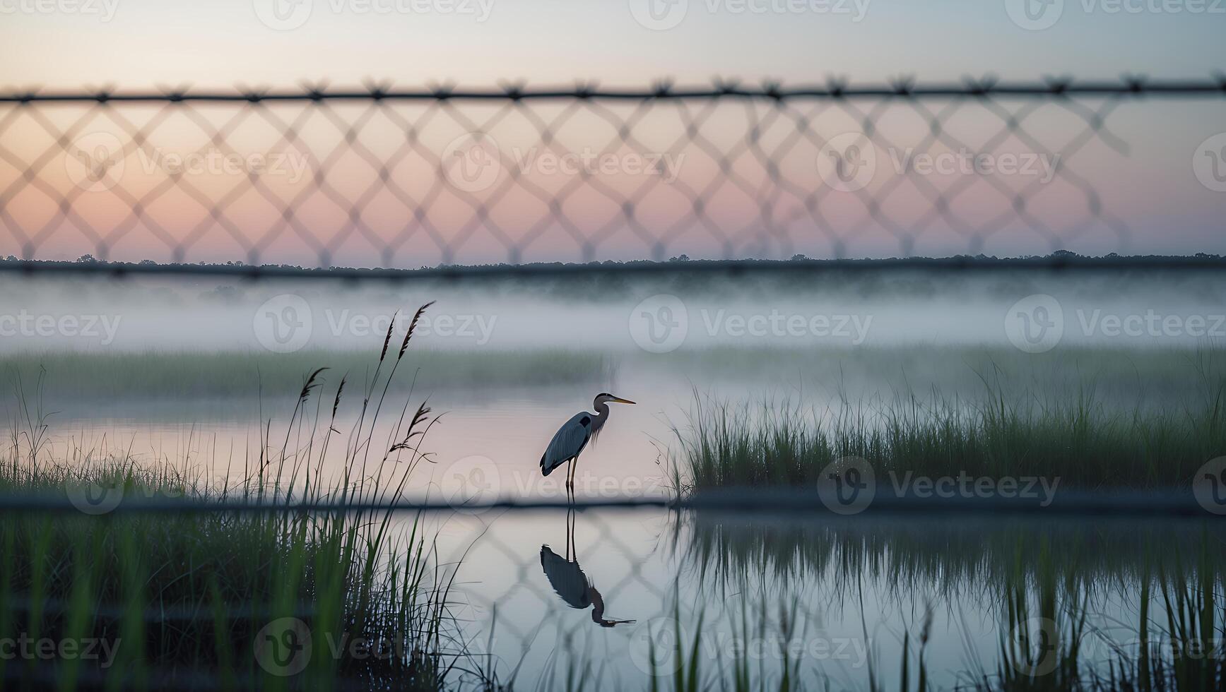Heron Standing in Water at Dawn with Foggy Landscape photo