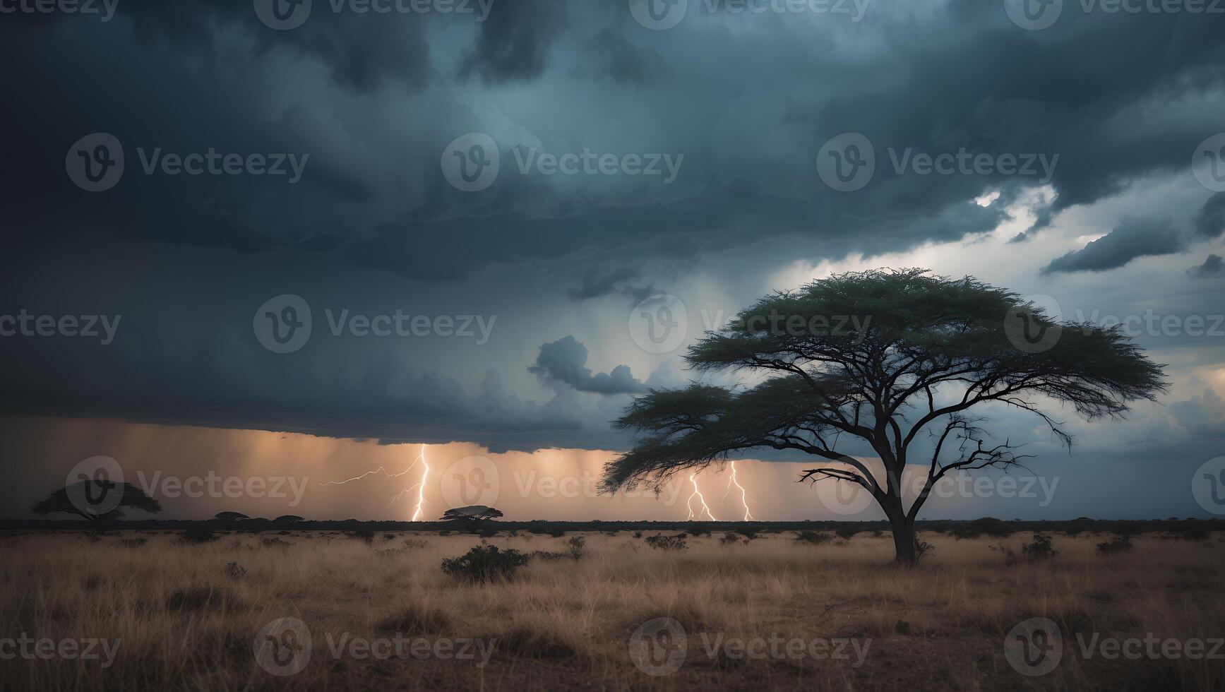 Lightning Strikes Behind Tree in Open Field with Dramatic Storm Clouds photo