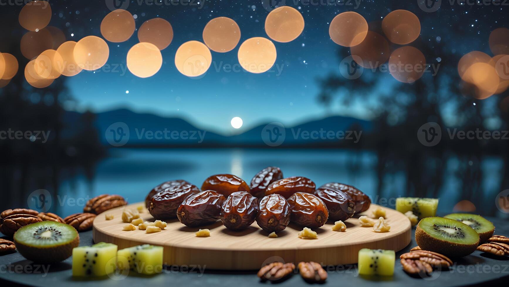 Arrangement of Dates Kiwis and Pecans with Blurred Nighttime Backdrop photo