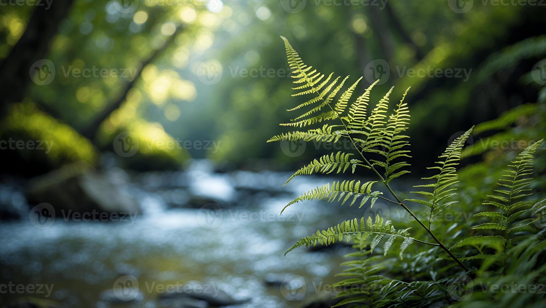 Green Fern Frond by Flowing Creek in Lush Forest Environment photo
