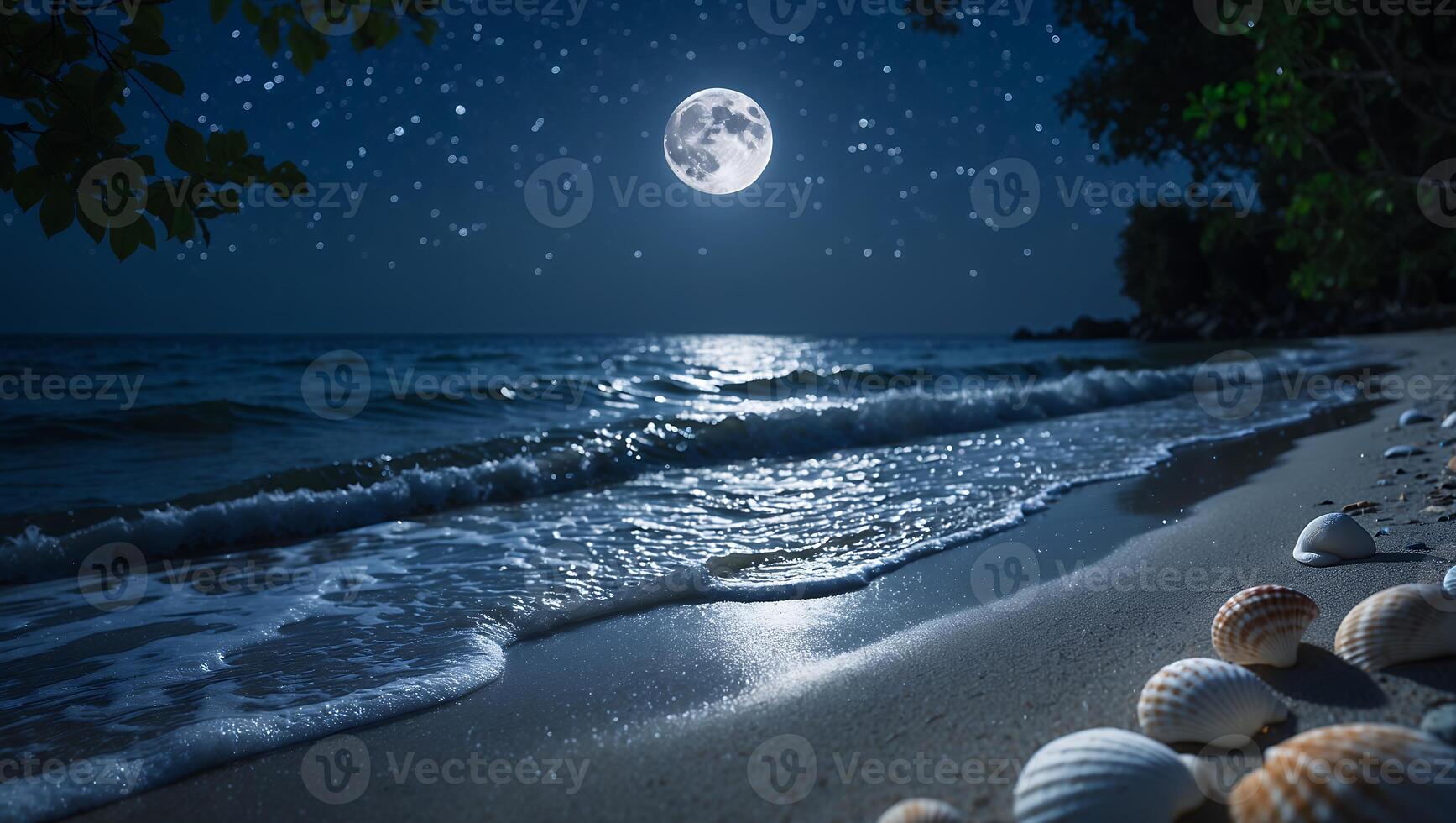 Ocean Waves Washing on Sandy Beach with Seashells Under Moonlight photo