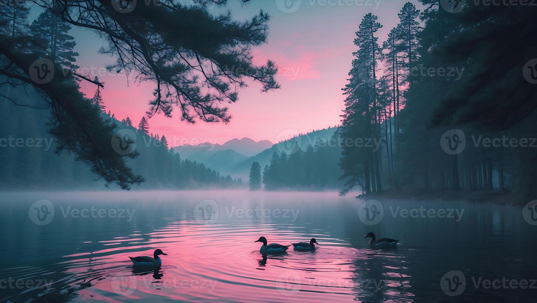 Ducks Swim on Foggy Lake Under a Pink and Blue Sky photo