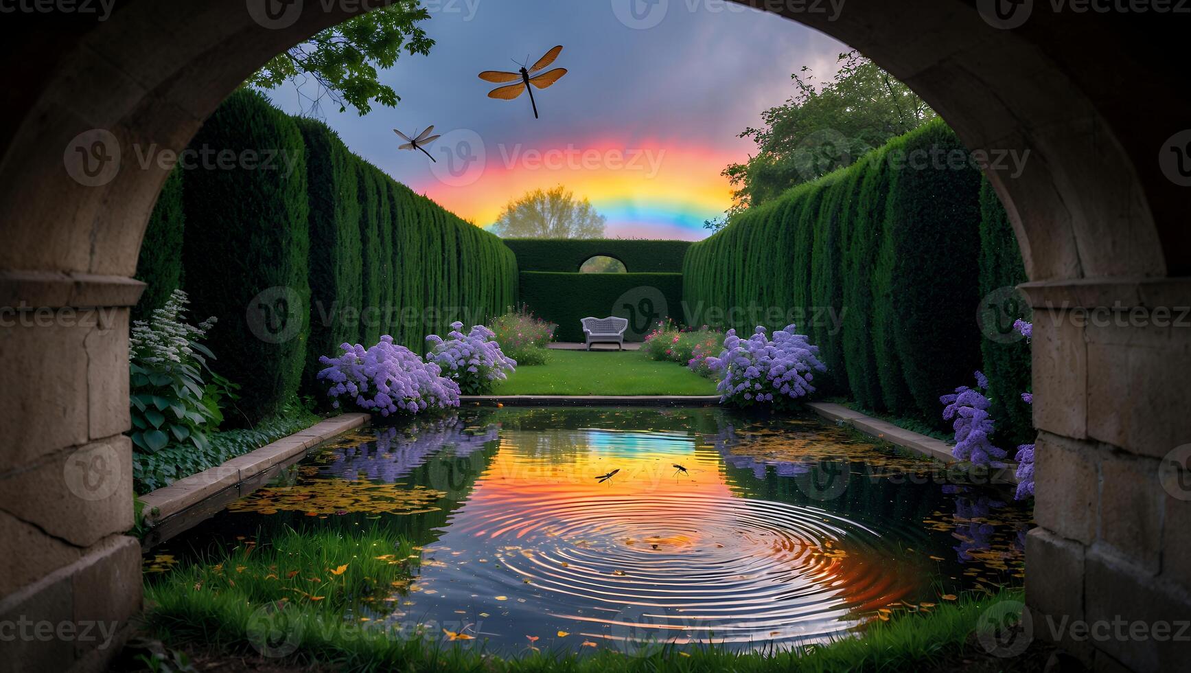 Pond Reflections in Formal Garden with Dragonflies and Rainbow Sky photo