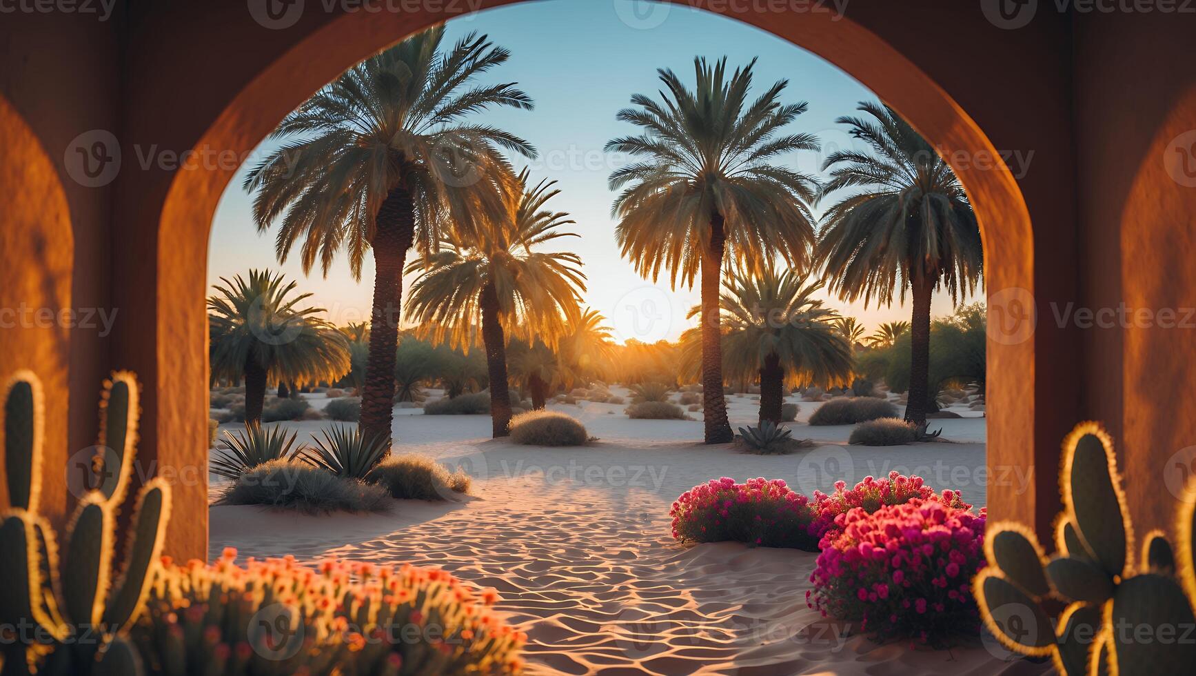 Desert Oasis View Through Archway with Palm Trees and Sunset photo
