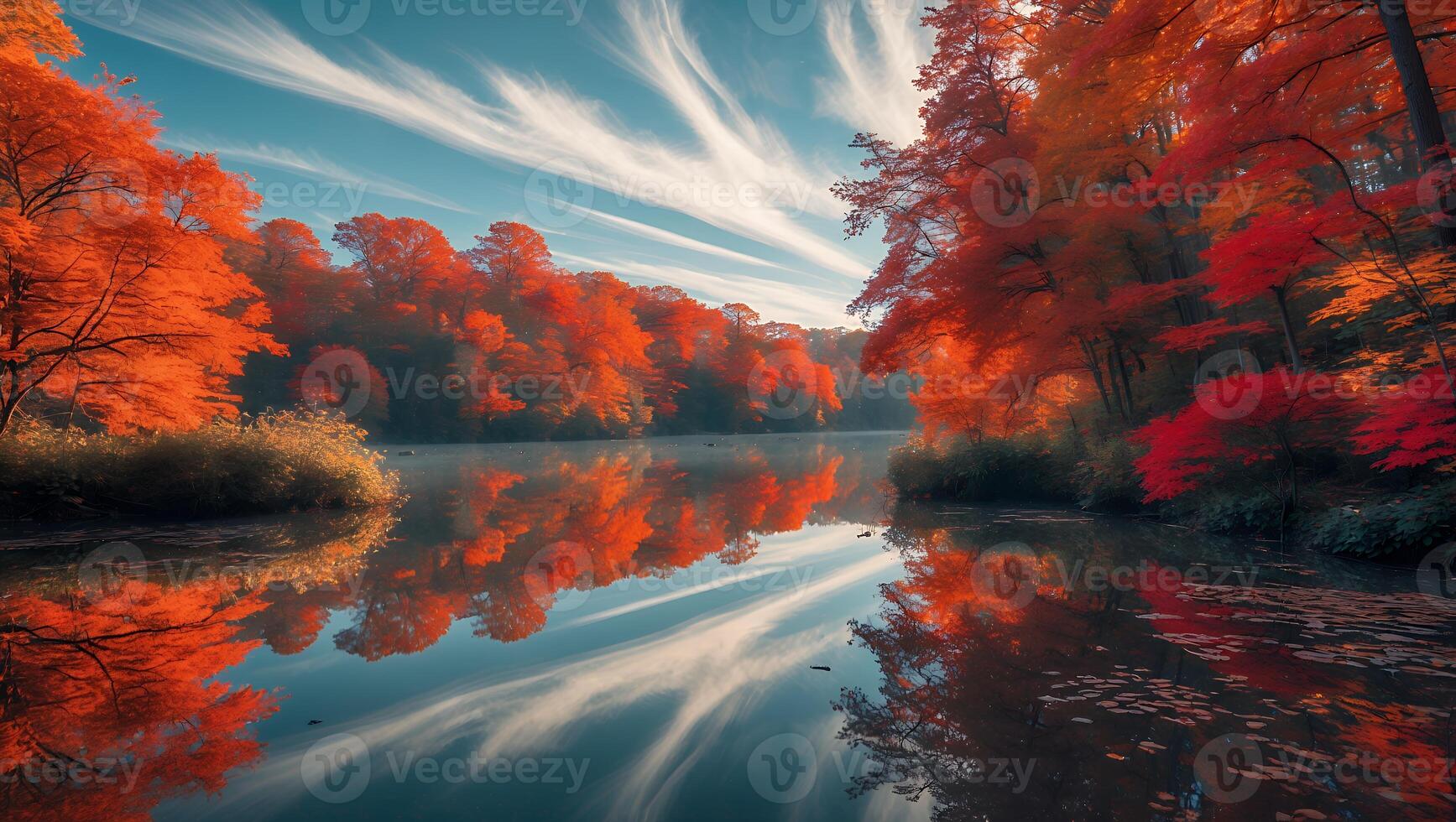Reflecting Autumn Foliage on a Calm Lake with Scenic Sky photo