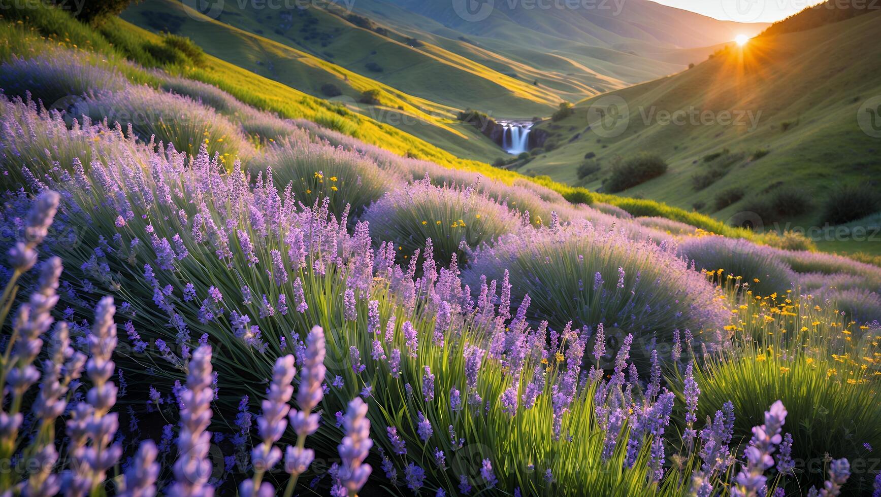 Lavender Field and Hillside with Waterfall Under a Golden Sunlight photo