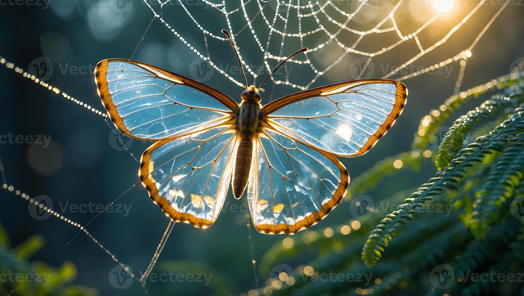Butterfly Caught in Dew Covered Spiderweb Illuminated by Golden Sunlight photo