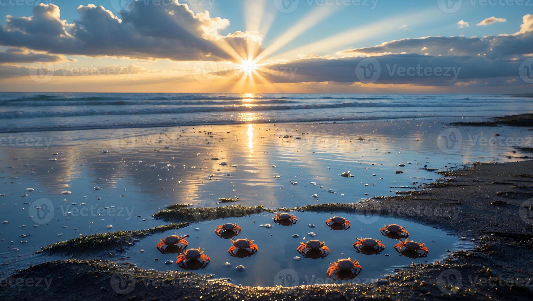 Crabs Gathering in Beach Tide Pool at Sunset with Sky Reflection photo