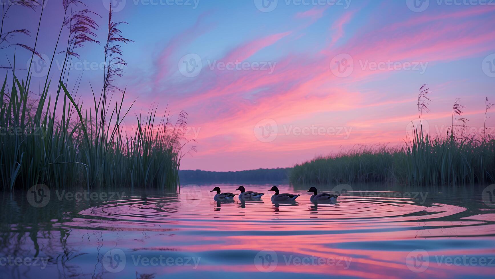 Ducks Swimming on Calm Water Reflecting Colorful Sunset Sky photo
