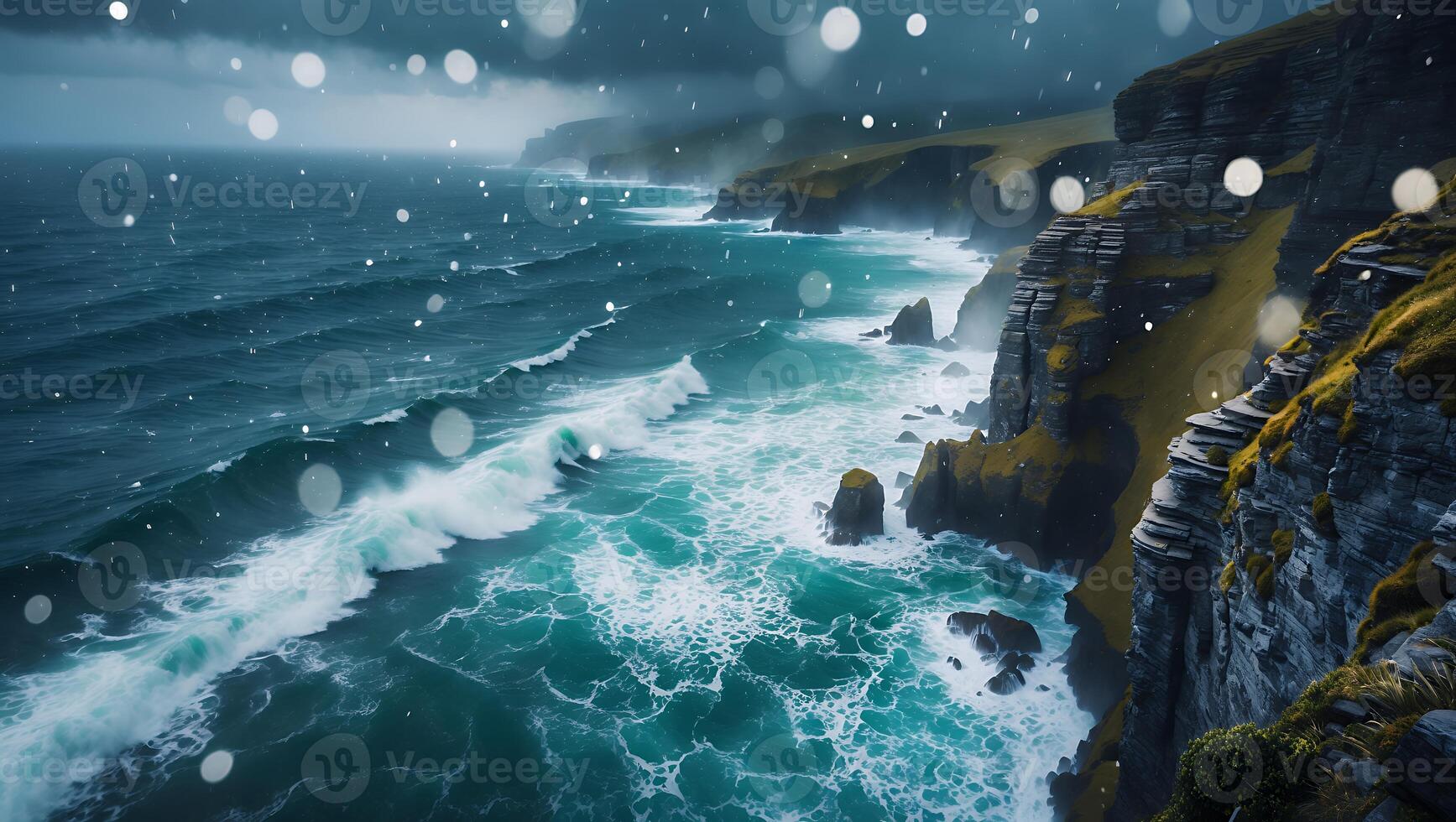 Coastal Cliffs and Ocean Waves Under a Cloudy Sky with Snowfall photo