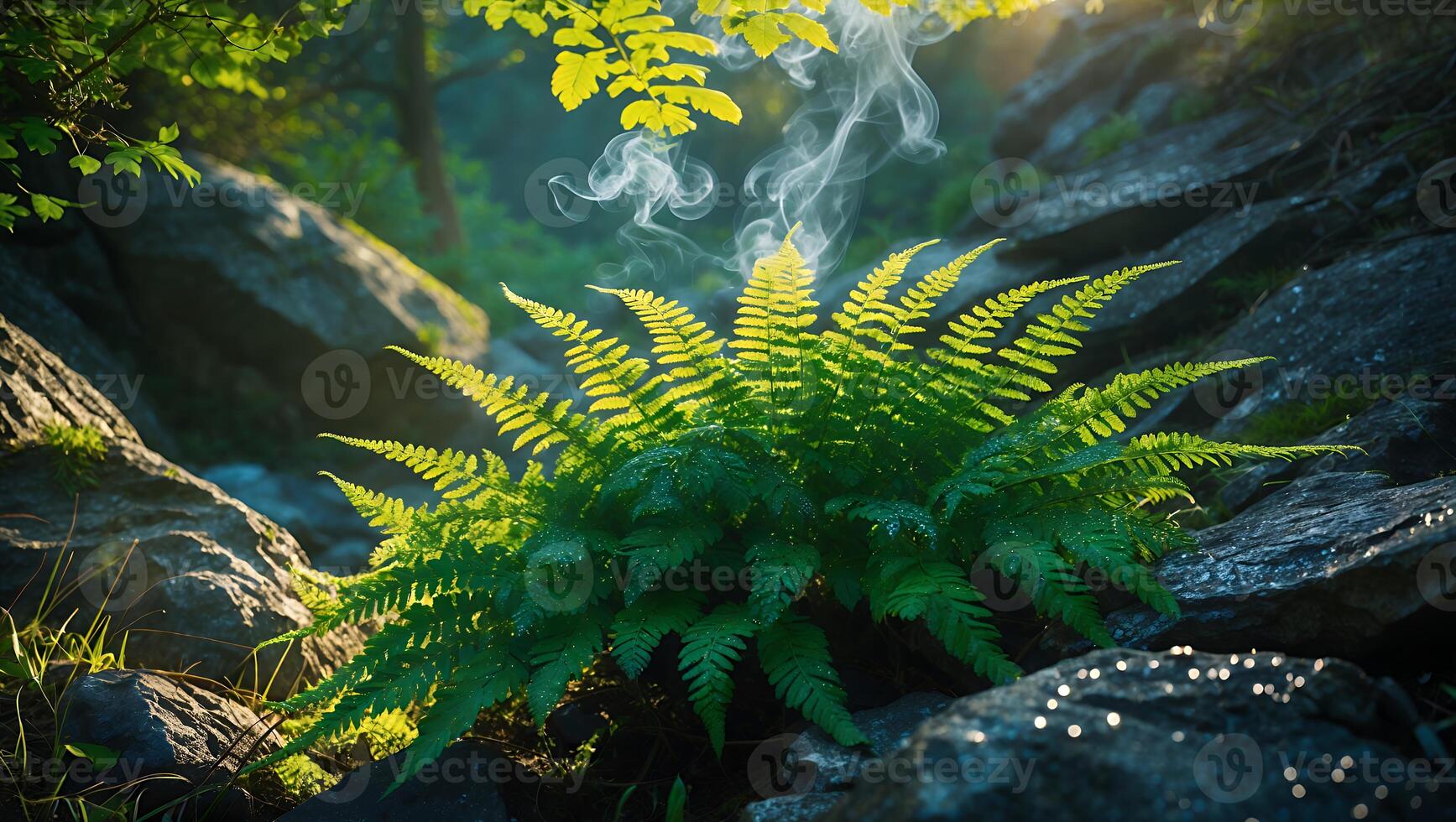 Fern Growing on Rocks with Sunlight and Mist in Nature photo