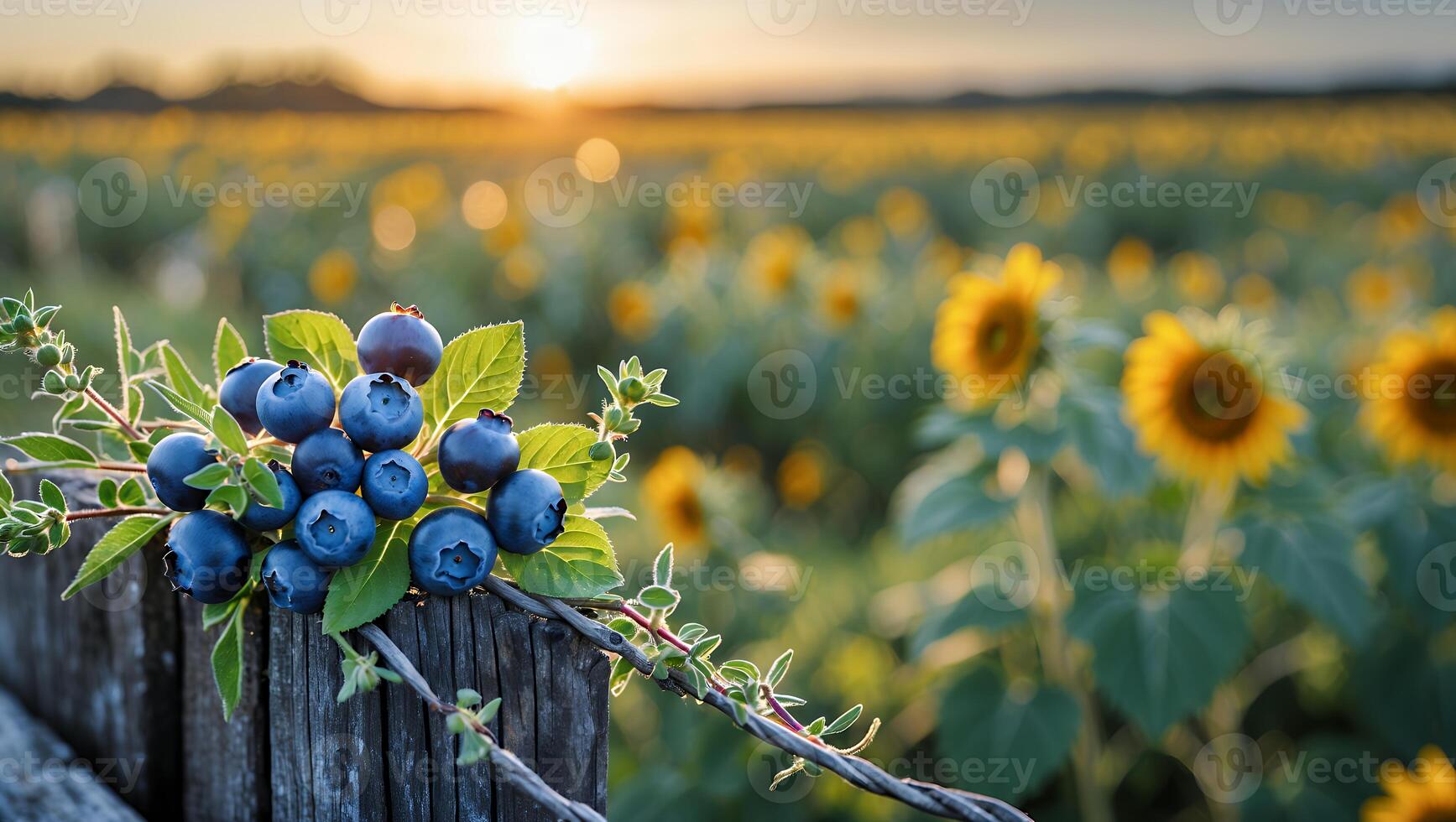 Fresh Blueberries on Fence with Sunflower Field at Sunset photo