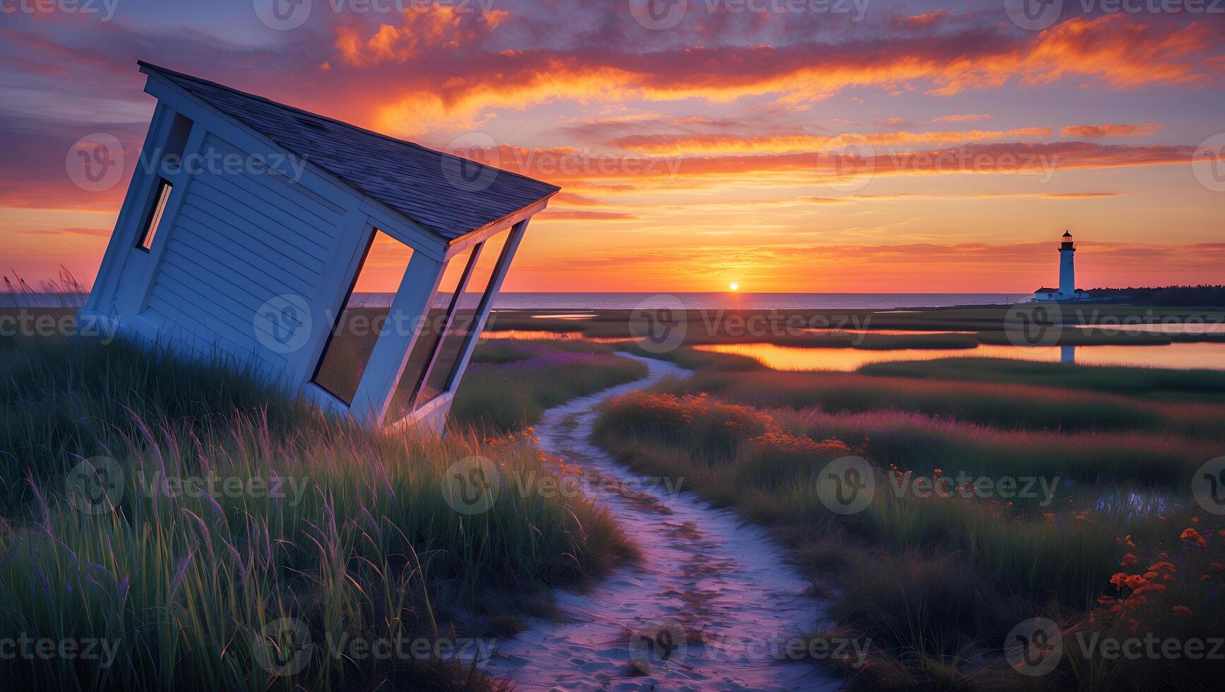 Leaning Building and Lighthouse at Sunset with a Winding Path photo