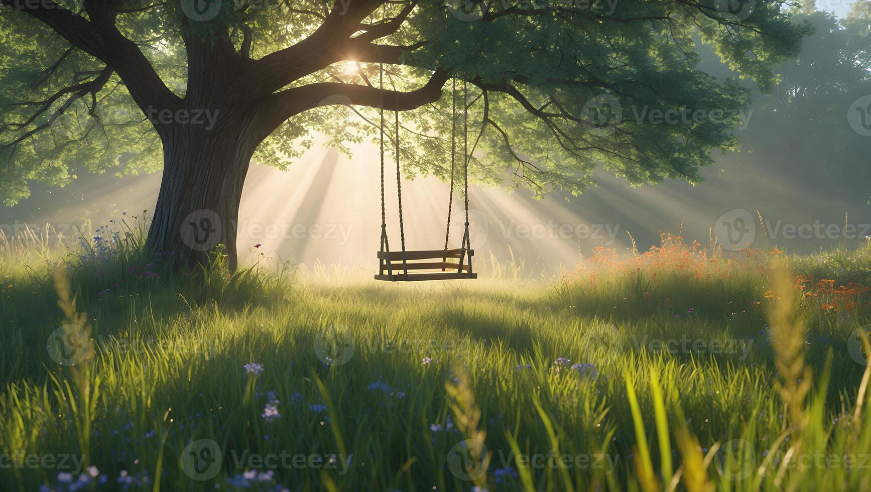 Tree Swing Hanging in Sunlit Meadow Creating a Peaceful Scene photo