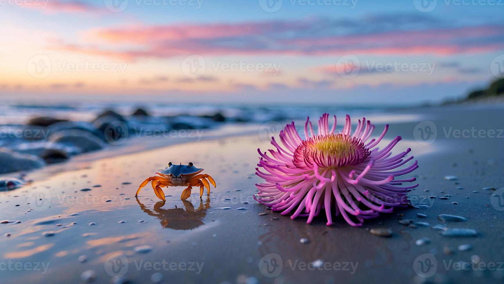 Crab and Pink Flower on Beach at Sunset Seascape View photo