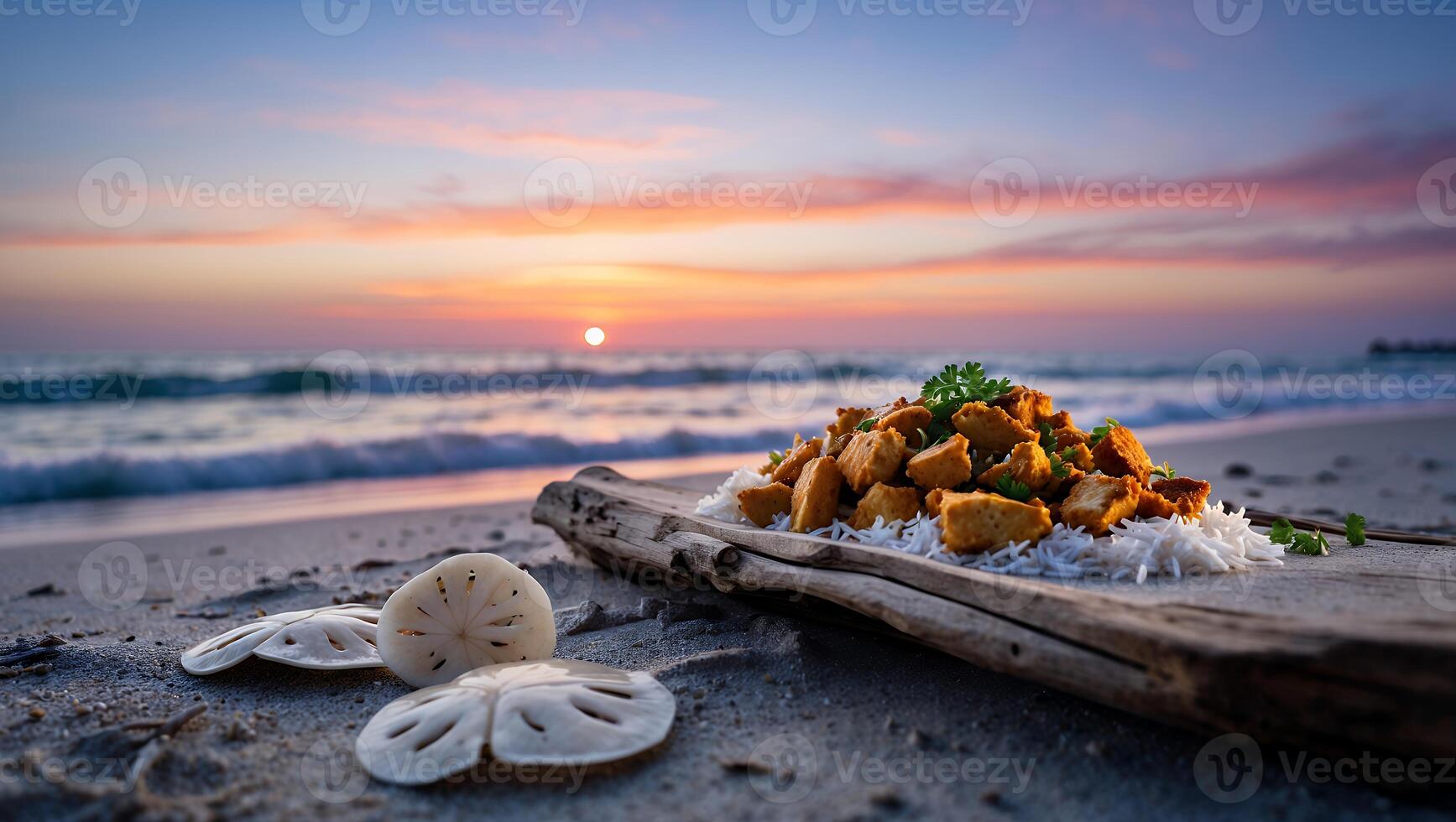 Chicken with Rice Served at Beach During Sunset photo