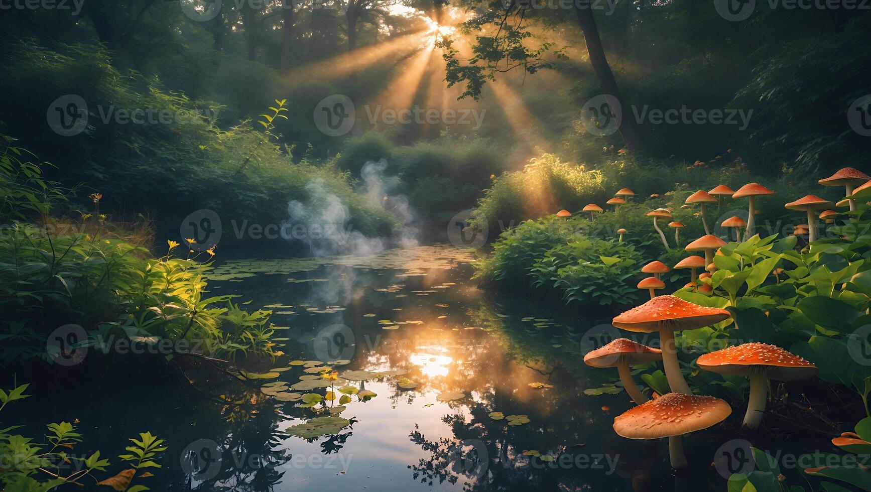 Sun Rays Illuminate Forest Pond with Mushrooms and Fog photo