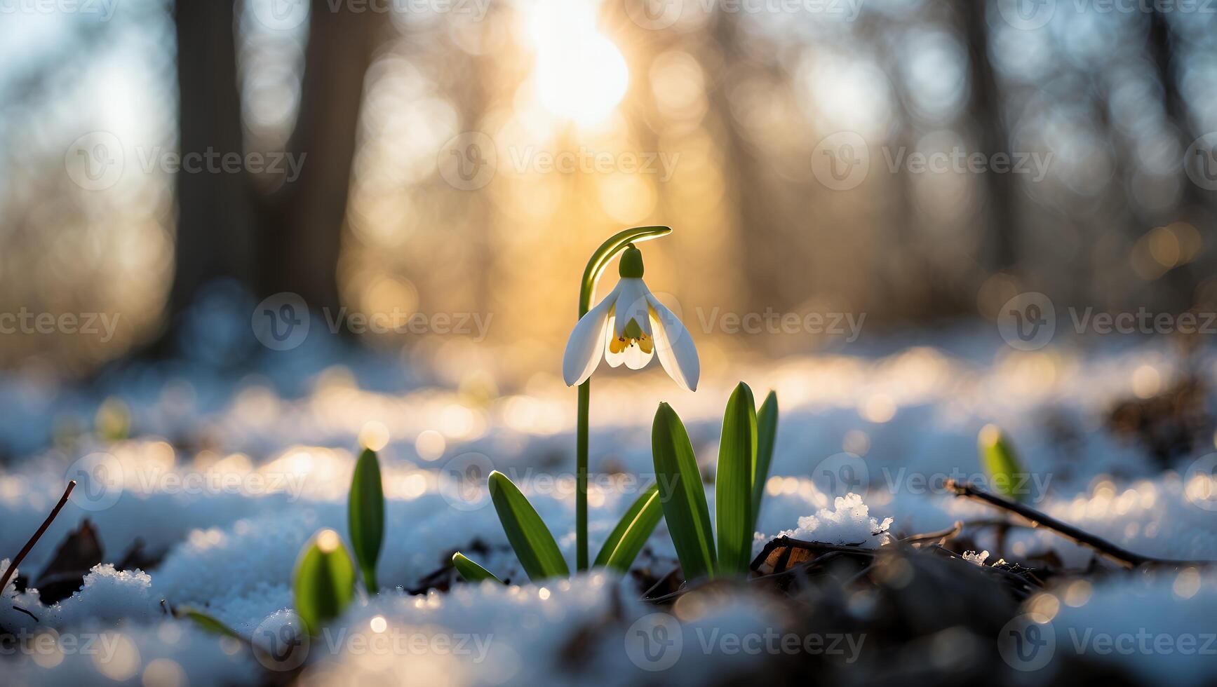 Snowdrop Flower Blooming in Winter Forest with Golden Sunlight photo