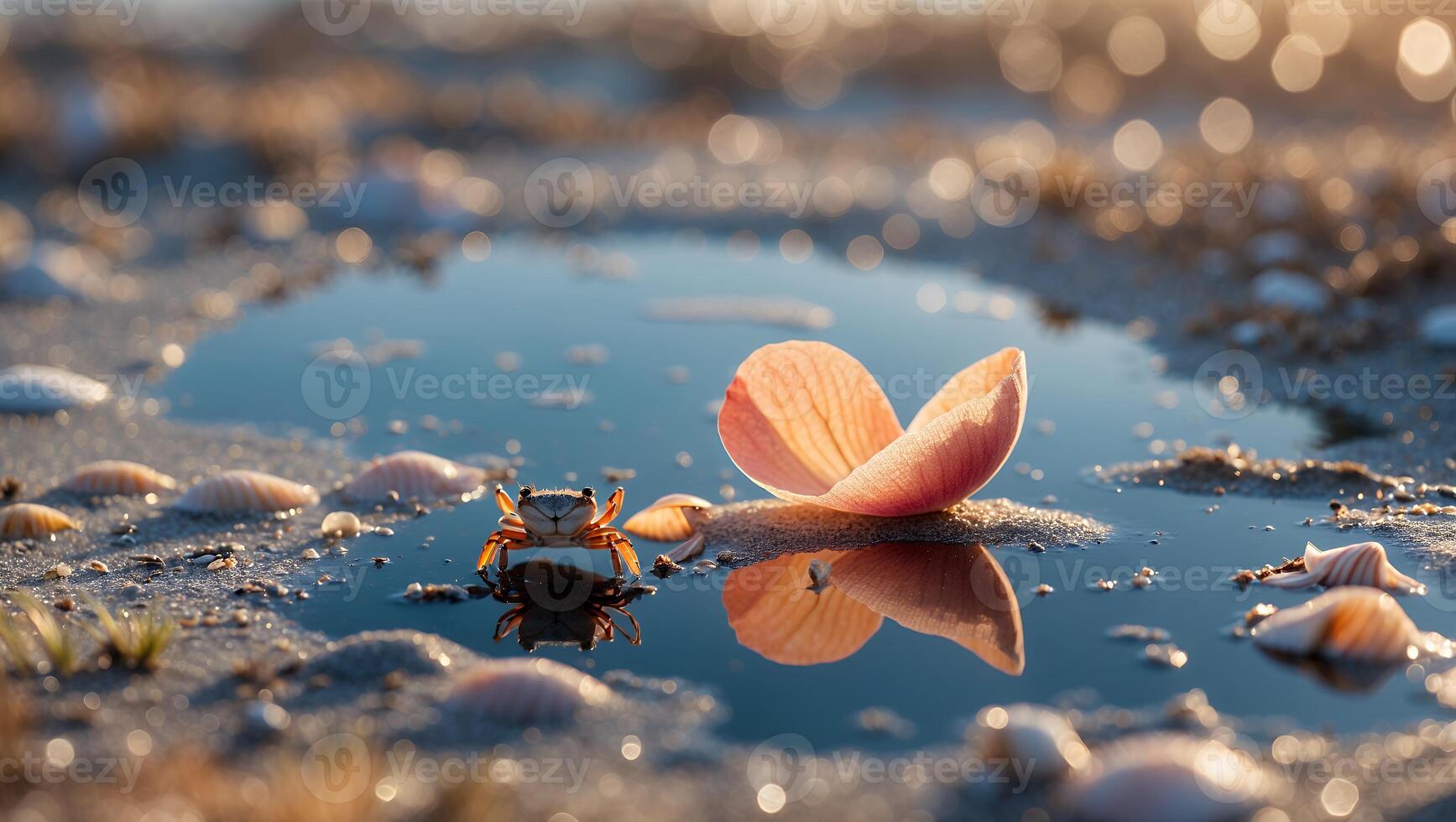 Crab and Flower Petal in Tidal Pool on Sandy Beach photo