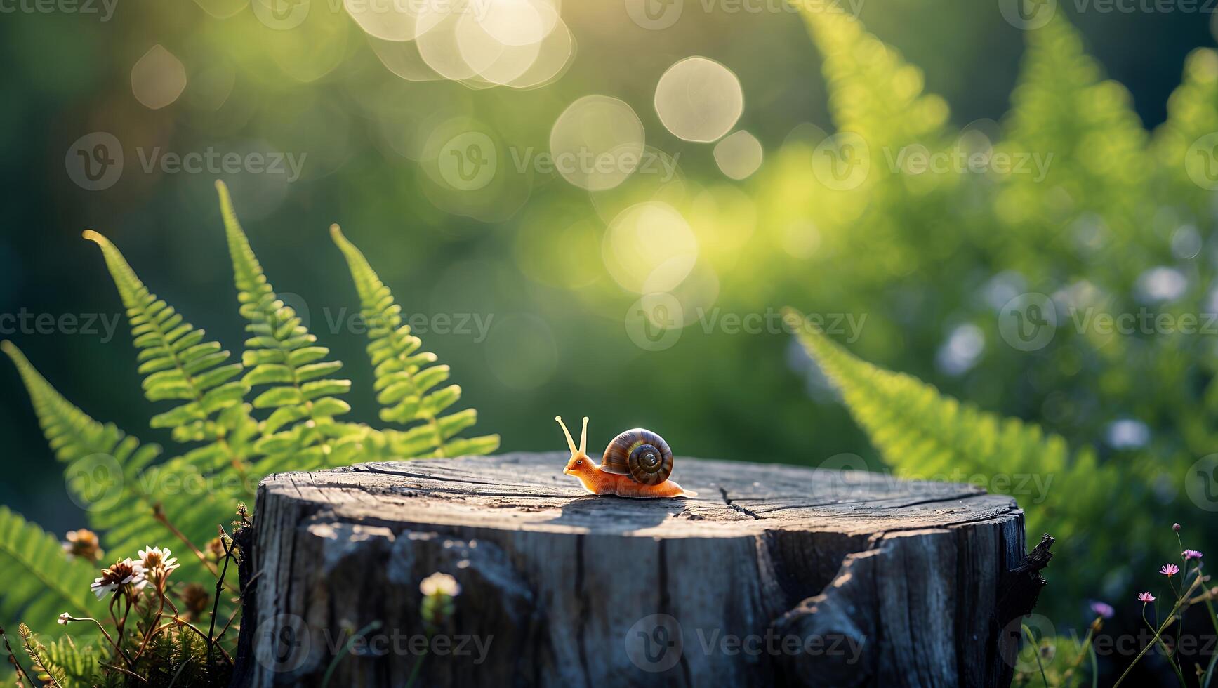 Snail Resting on Tree Stump in a Lush Green Forest photo