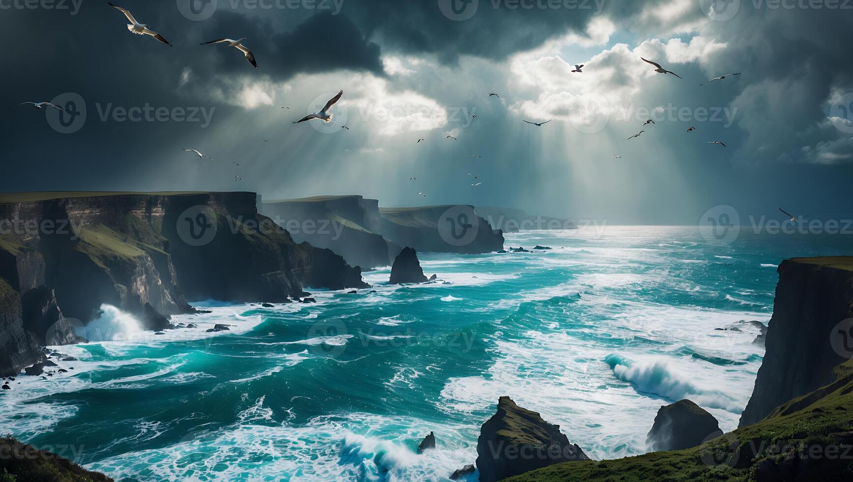 Seagulls Soaring Above Rugged Cliffs and Crashing Waves on Coastline photo