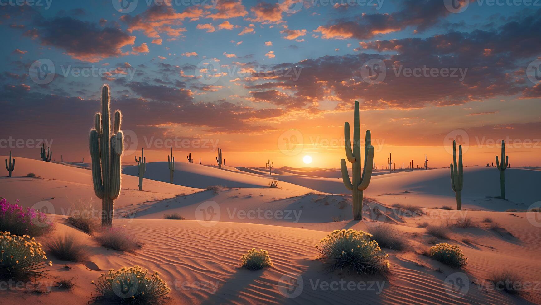 Cactus Landscape at Sunset with Dramatic Sky and Sand Dunes photo