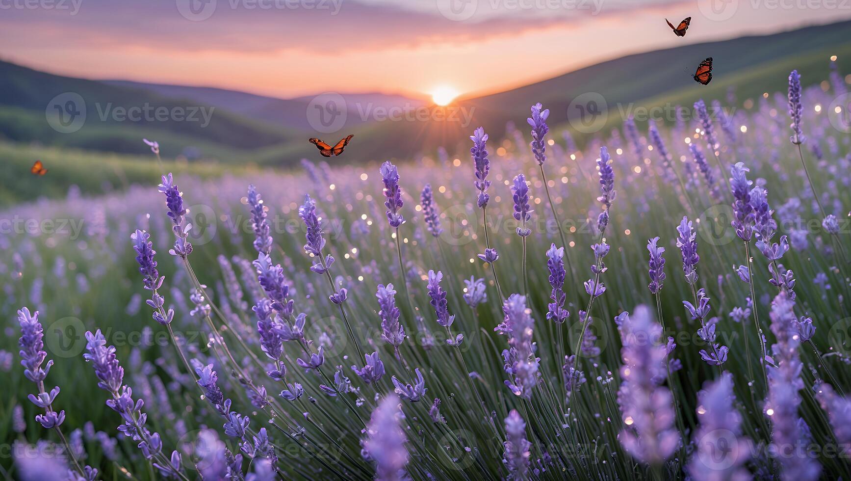 Lavender Field at Sunset with Butterflies and Dew Drops photo