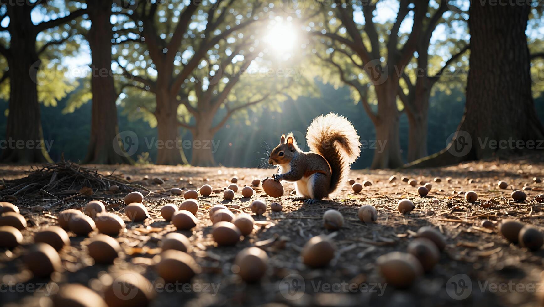Squirrel Holding Acorn in Sunlit Forest Filled with Fallen Nuts photo