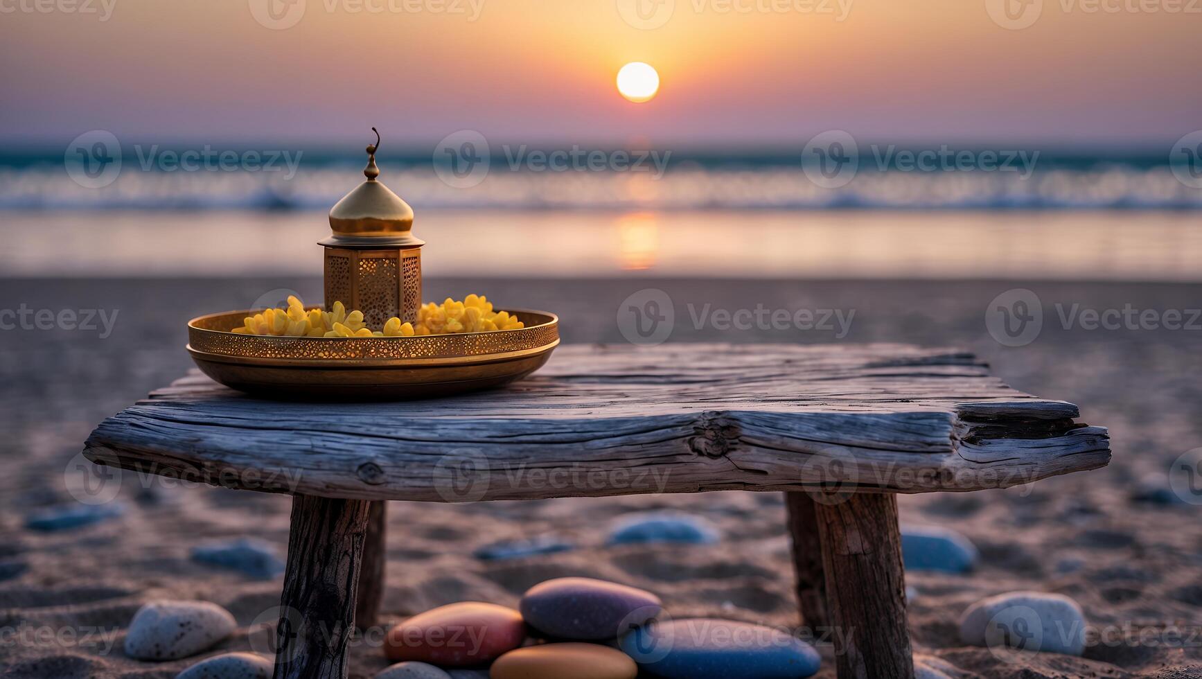 Lantern and Raisins on Beach Table During Sunset with Ocean View photo