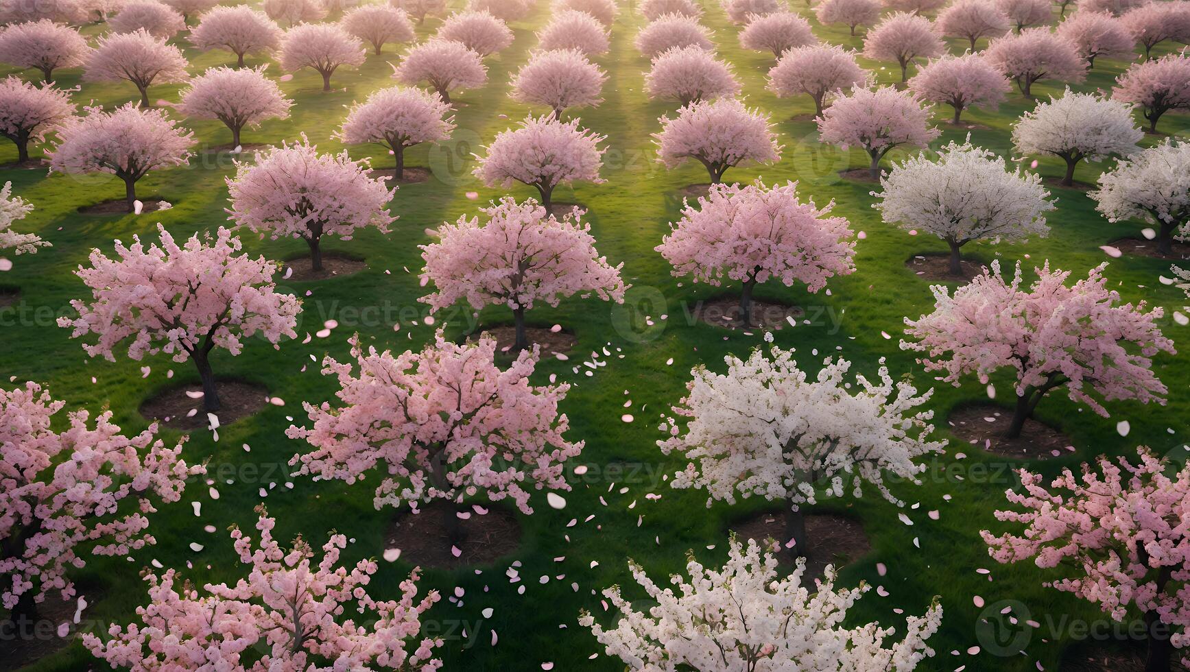 Blooming Orchard with Pink and White Blossoms on a Sunny Day photo