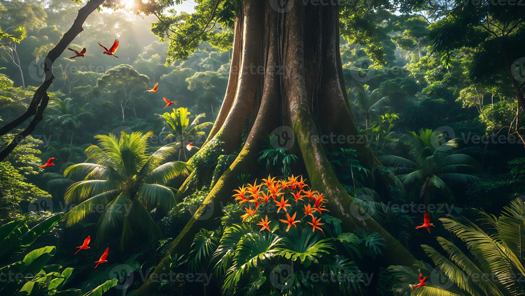 Lush Tropical Forest Scene with Large Tree and Flying Birds photo