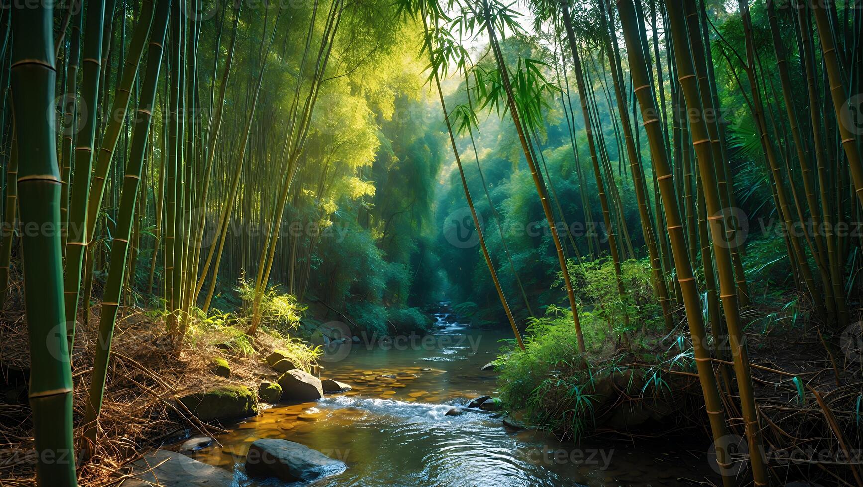 River Flowing Through a Dense Bamboo Forest with Lush Greenery photo