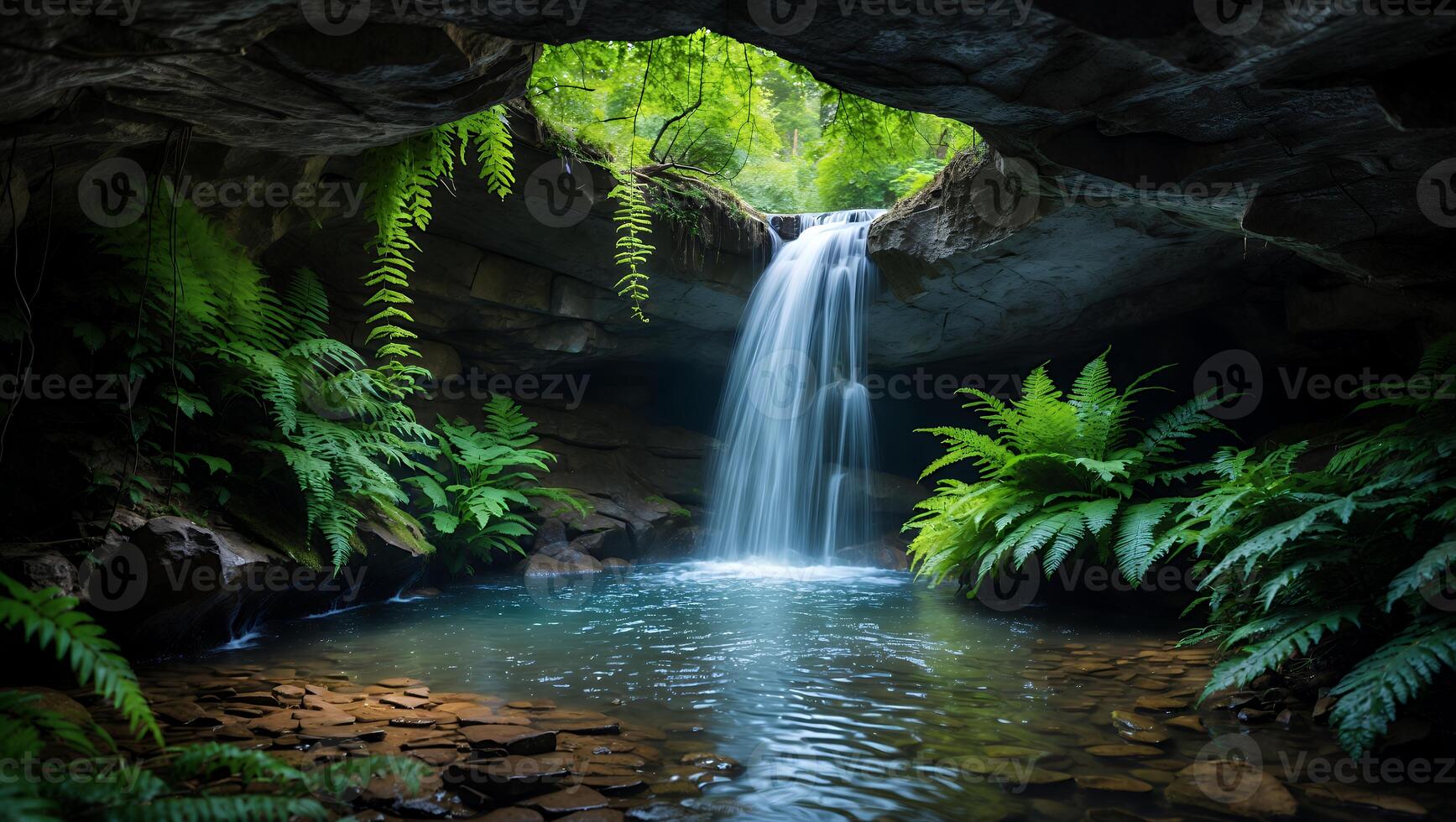 Waterfall Flowing Into Natural Pool Cave Surrounded by Lush Ferns photo