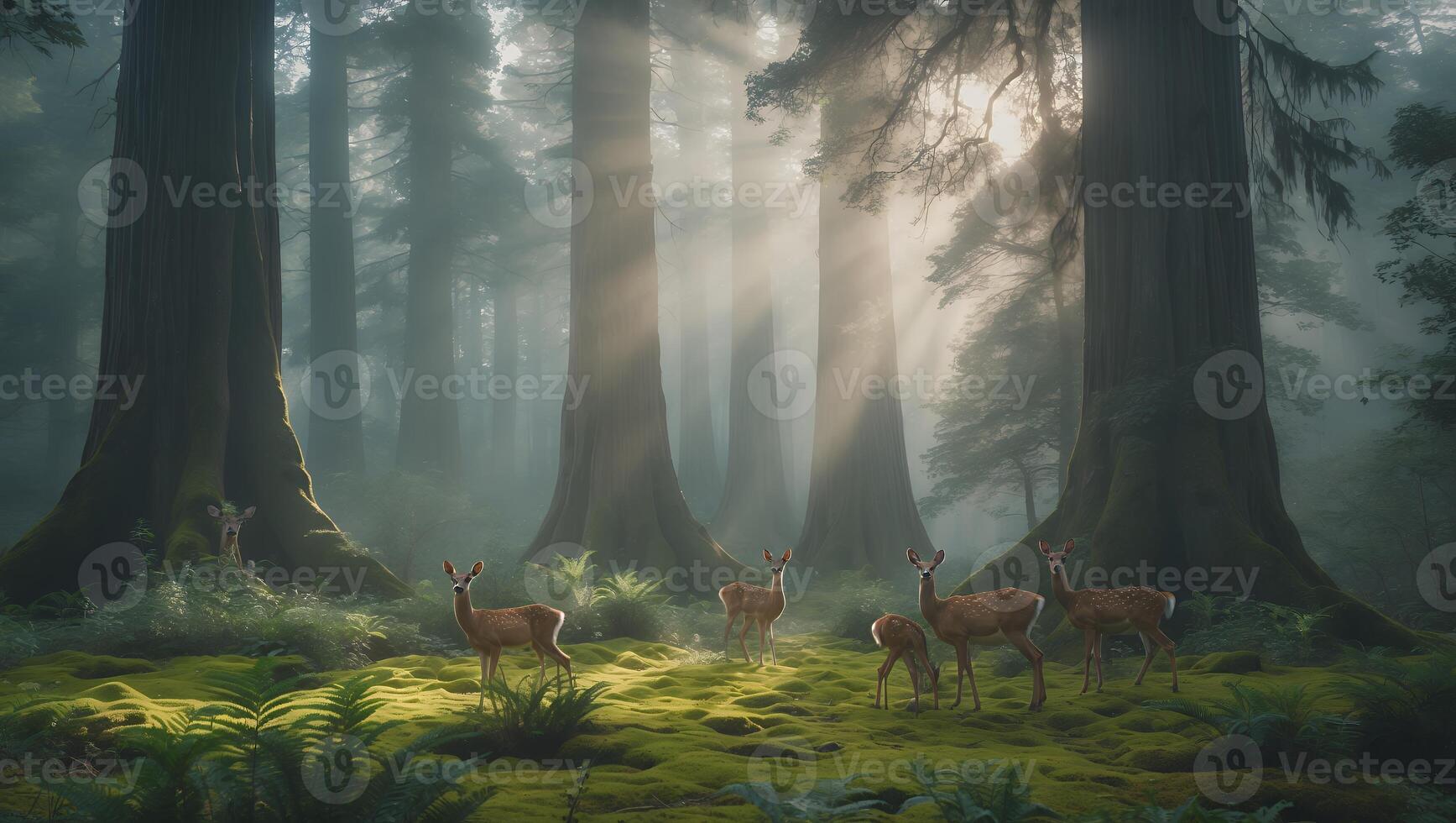 Deer Family in Forest Glade with Sunlight Shining Through Trees photo