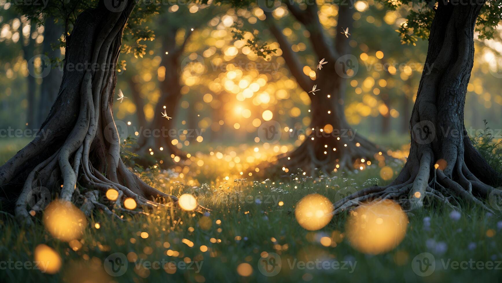 Walking Through Forest Trees with Golden Light and Magical Particles photo