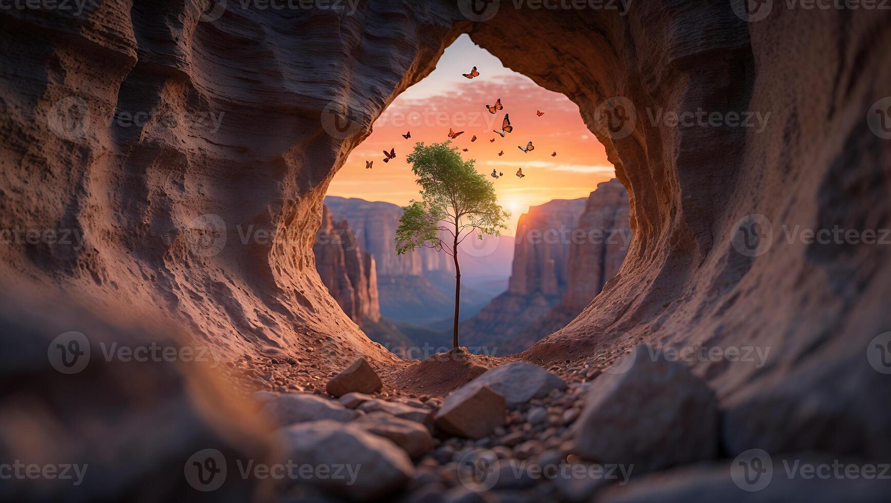 Tree Silhouette Through Cave Opening at Sunset with Butterflies Flying photo