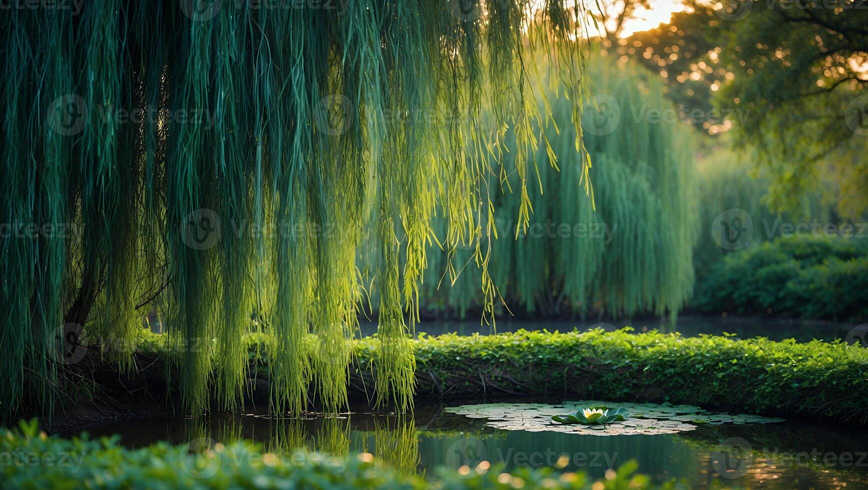 Willow Tree Overhanging Pond Water with Lily Pad at Sunset photo