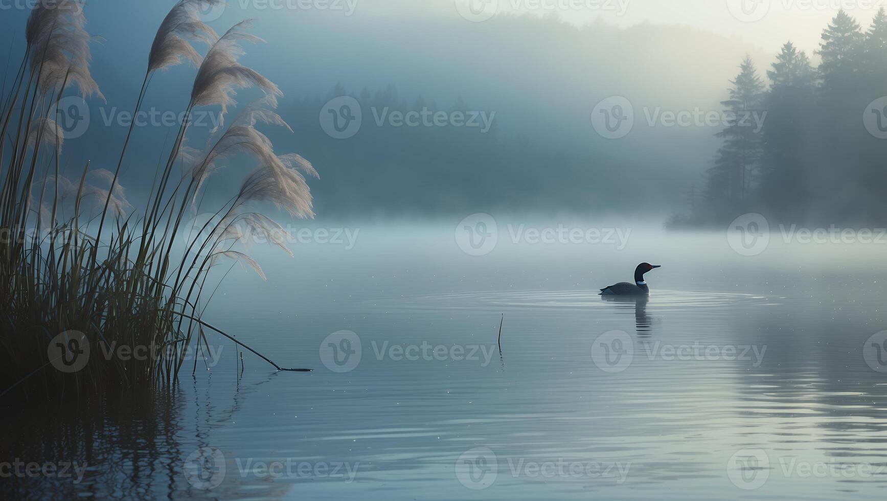 Duck Swims on a Foggy Lake with Grass and Forest photo