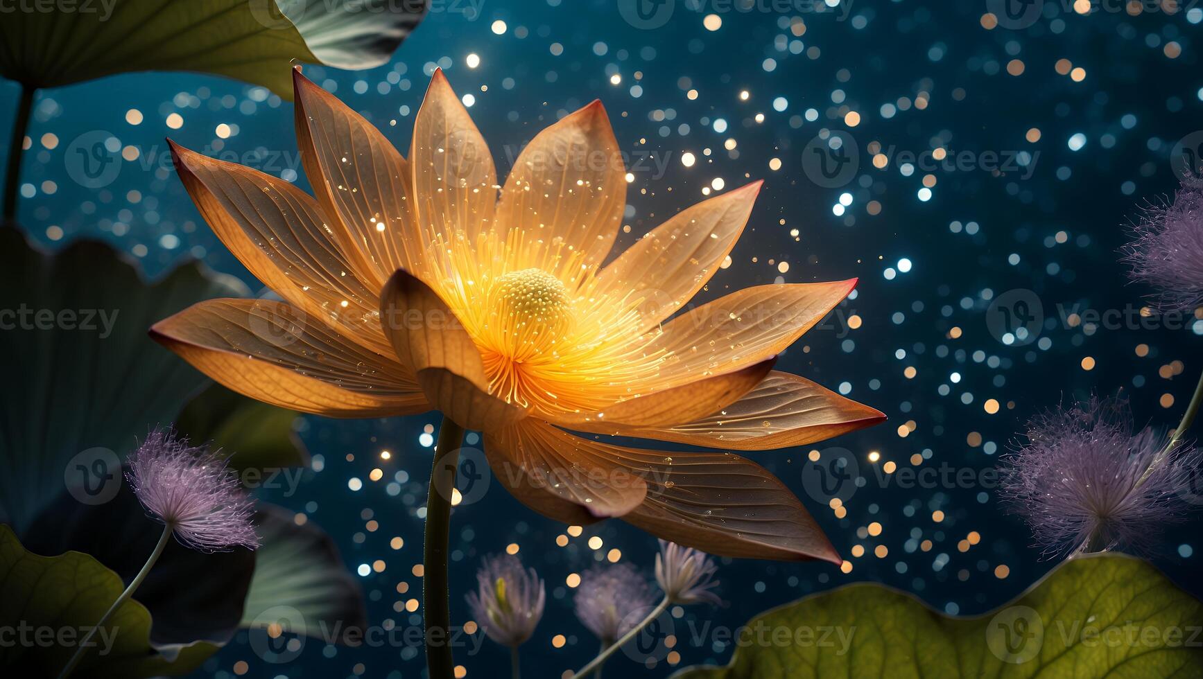 Glowing Water Lily Floating Among Stars and Plants in Dark Pond photo