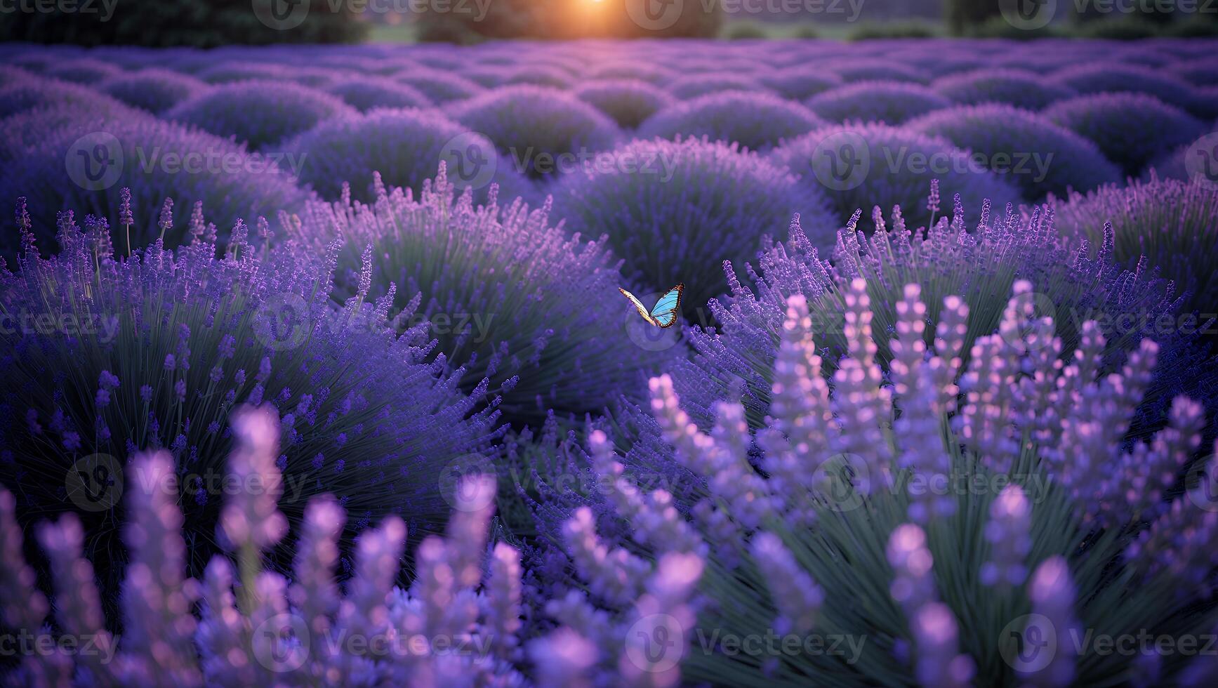 Butterfly Flying Over Lavender Field at Sunset with Soft Light photo